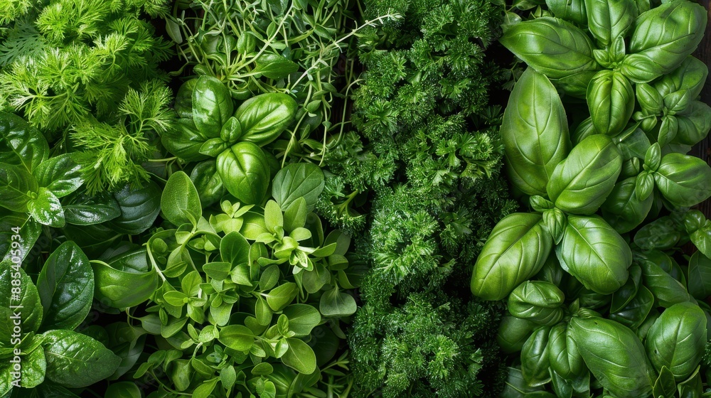 A clear photo of an assortment of fresh herbs like parsley, cilantro, and basil A clear photo of an assortment of fresh herbs like parsley, cilantro, and basil