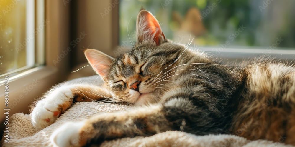 Fototapeta premium cute cat sleeping on cozy blanket beside window at home, 