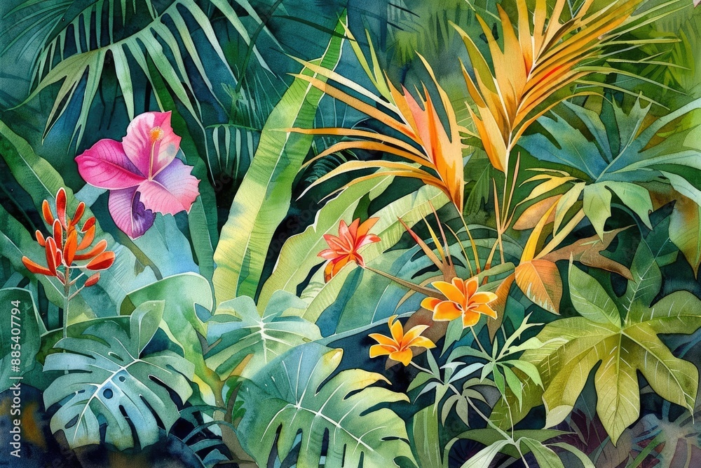 Naklejka premium Vibrant watercolor painting of a lush tropical garden with various colorful flowers and green leaves.