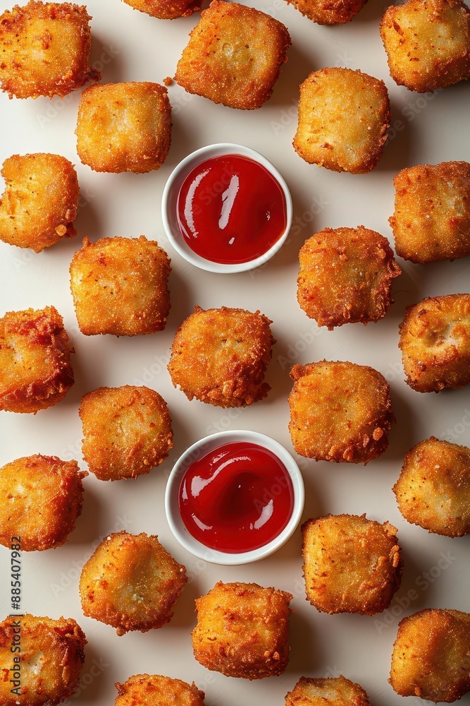 Collage of crispy nuggets with ketchup, arranged creatively on a white background, appetizing and detailed Collage of crispy nuggets with ketchup, arranged creatively on a white background, appetizing and detailed