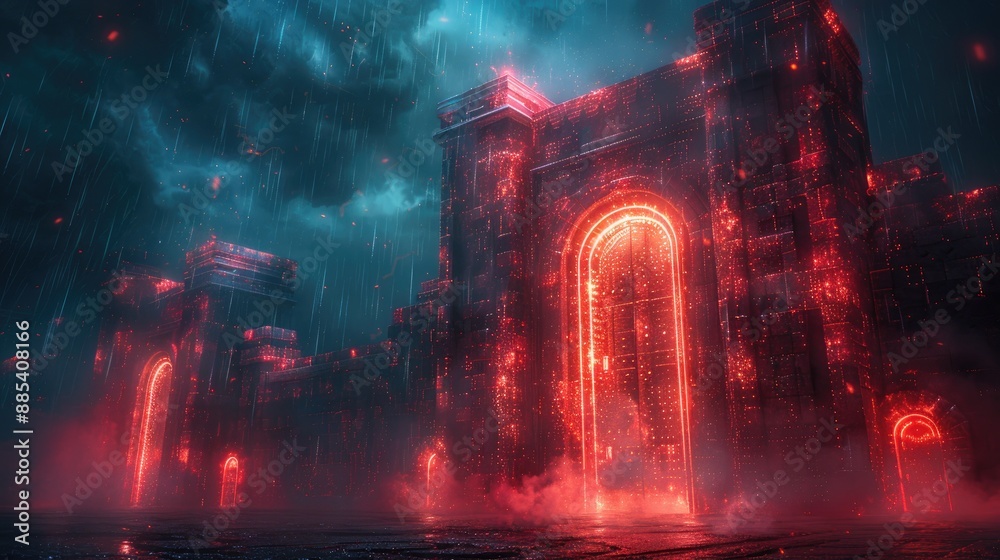 Naklejka premium Mystical glowing red gates amidst a dark, cloudy night, evoking a sense of fantasy and mystery in an eerie landscape.