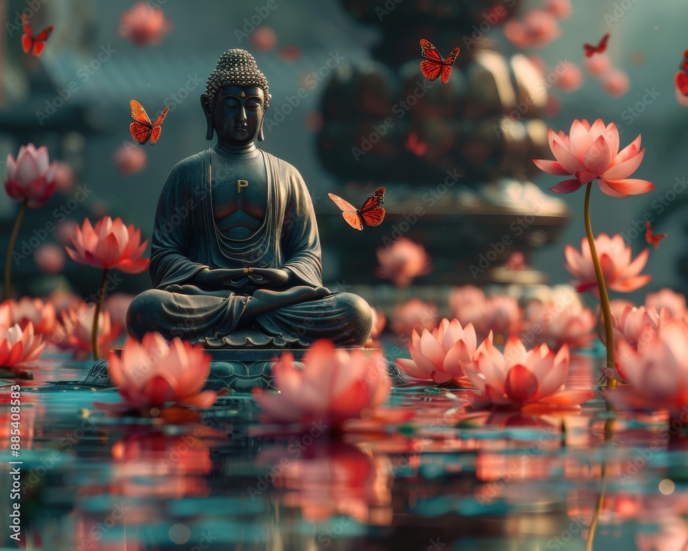 Enlightened Serenity: Hyper-Realistic Thai Buddha Statue with Lotus Flowers, Butterflies, and Mystical Light in 8k Resolution Enlightened Serenity: Hyper-Realistic Thai Buddha Statue with Lotus Flowers, Butterflies, and Mystical Light in 8k Resolution