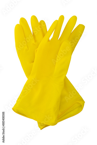 A pair of yellow latex protective gloves isolated on white background with clipping path.