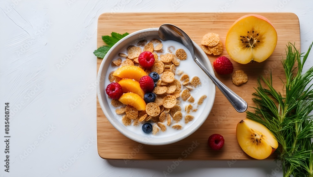 Whole grain cereal with milk and fruit Whole grain cereal with milk and fruit