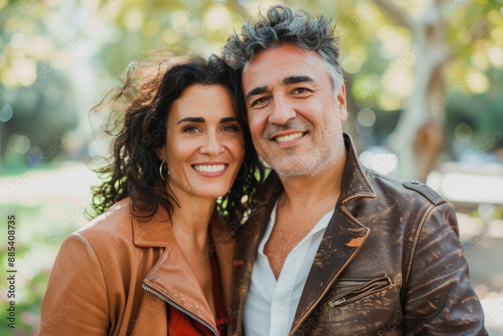 Naklejka premium Portrait of a cheerful couple in their 40s sporting a stylish leather blazer while standing against bright and cheerful park background