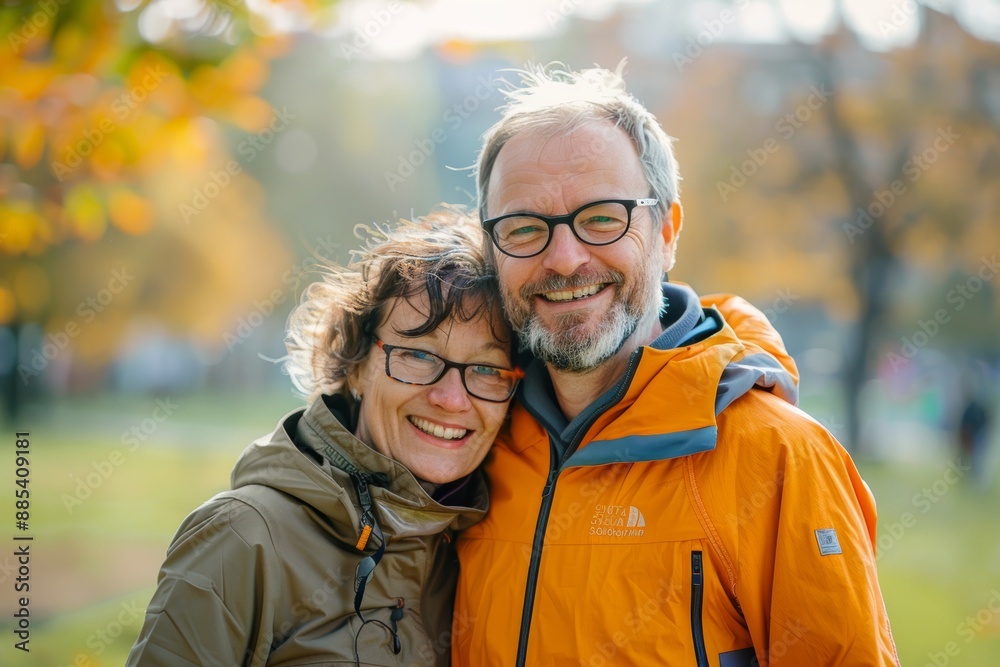 Portrait of a happy couple in their 40s wearing a functional windbreaker over bright and cheerful park background Portrait of a happy couple in their 40s wearing a functional windbreaker over bright and cheerful park background