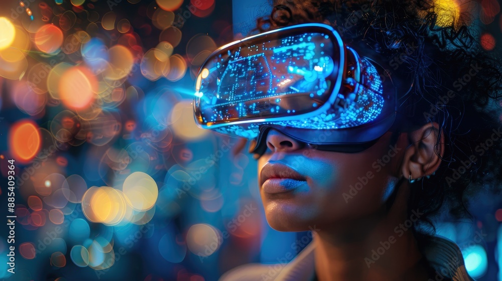 Woman exploring virtual reality with VR headset, surrounded by colorful bokeh lights, symbolizing immersive technology and futuristic experiences.