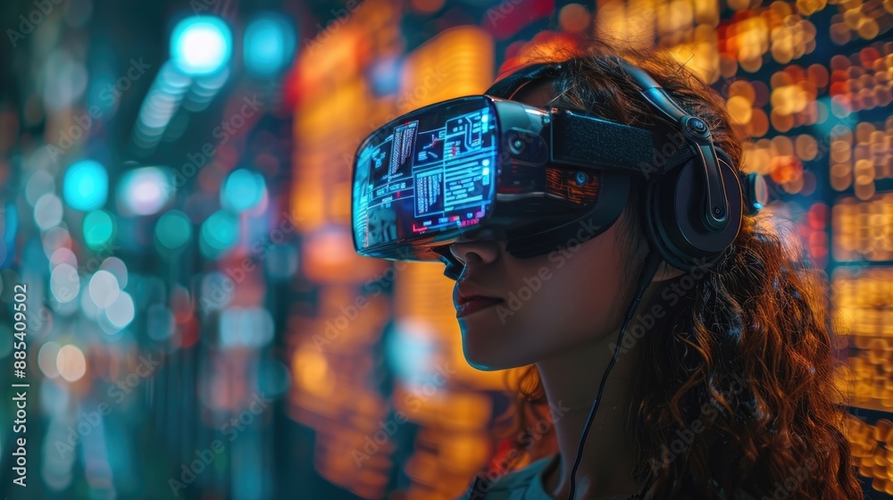 Woman wearing VR headset in a futuristic environment, exploring virtual reality technology with colorful digital screens in the background.