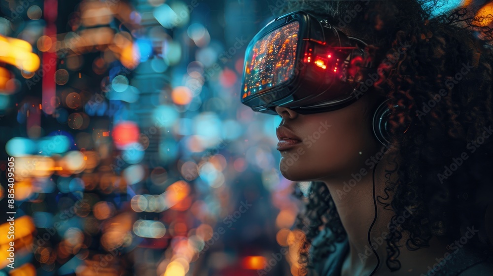 Woman wearing VR headset immersed in virtual reality with neon city lights in the background. Woman wearing VR headset immersed in virtual reality with neon city lights in the background.