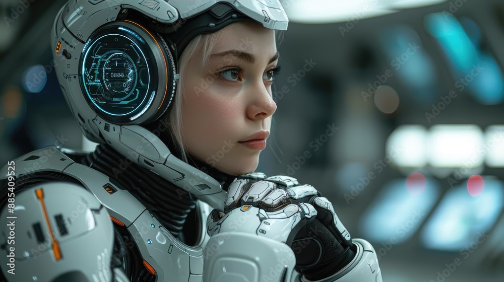 Fototapeta premium Young astronaut in futuristic spacesuit gazing thoughtfully aboard spaceship, technology, exploration, science fiction, innovation