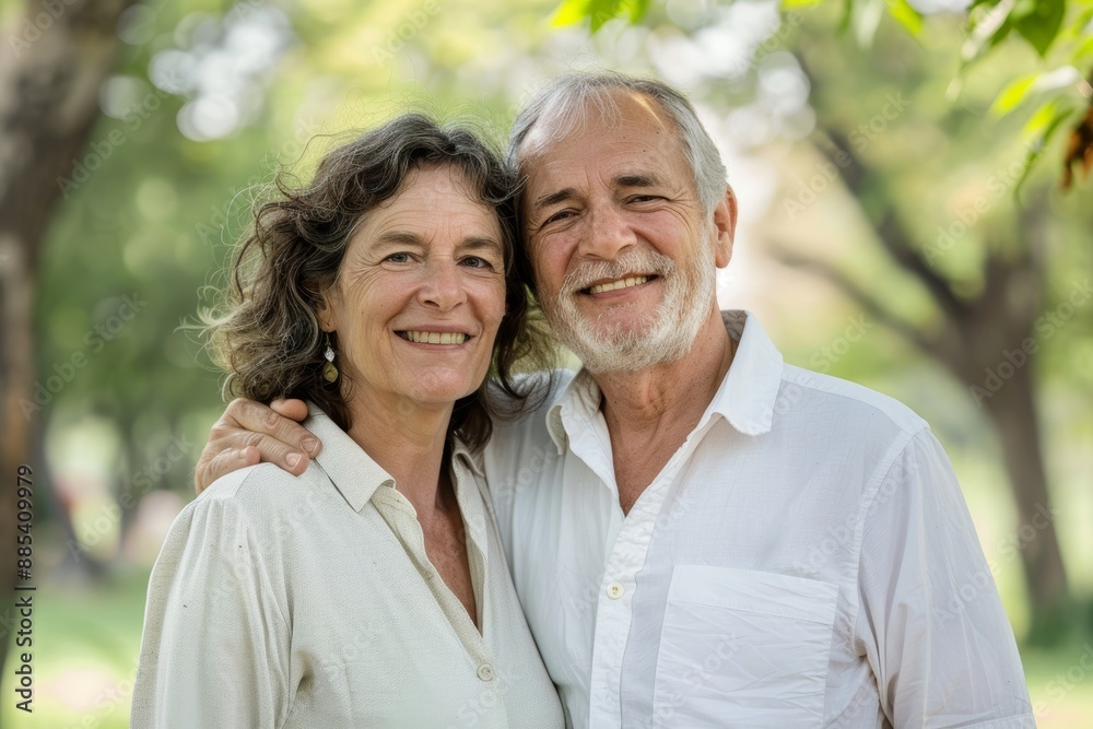 Portrait of a happy couple in their 50s wearing a simple cotton shirt while standing against bright and cheerful park background Portrait of a happy couple in their 50s wearing a simple cotton shirt while standing against bright and cheerful park background