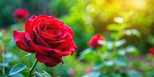 Fototapeta Naklejka Na Ścianę i Meble -  Vibrant red rose blooming in a garden , floral, blossom, petals, nature, blooming, vibrant, red, garden, beauty, romantic