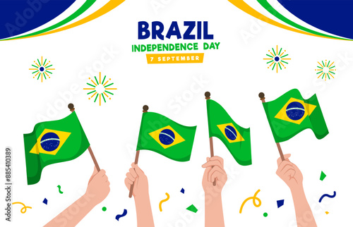 People hands holding Brazil flags celebrating Independence Day. Patriots waving flags of Brazil. Vector illustration.