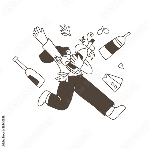 Wine lover emblem. Cute character with wineglass, bottles, cheese and grapevines. Vector hand drawn collection illustration isolated on white background.