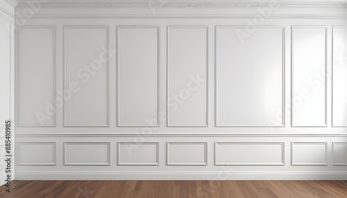 Wall Panels for Classic Modern Interior Architecture Blank White Background with Molding and Wooden Floors. Generative AI