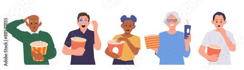 Happy excited people diverse cartoon character eating popcorn snack watching cinema movie set