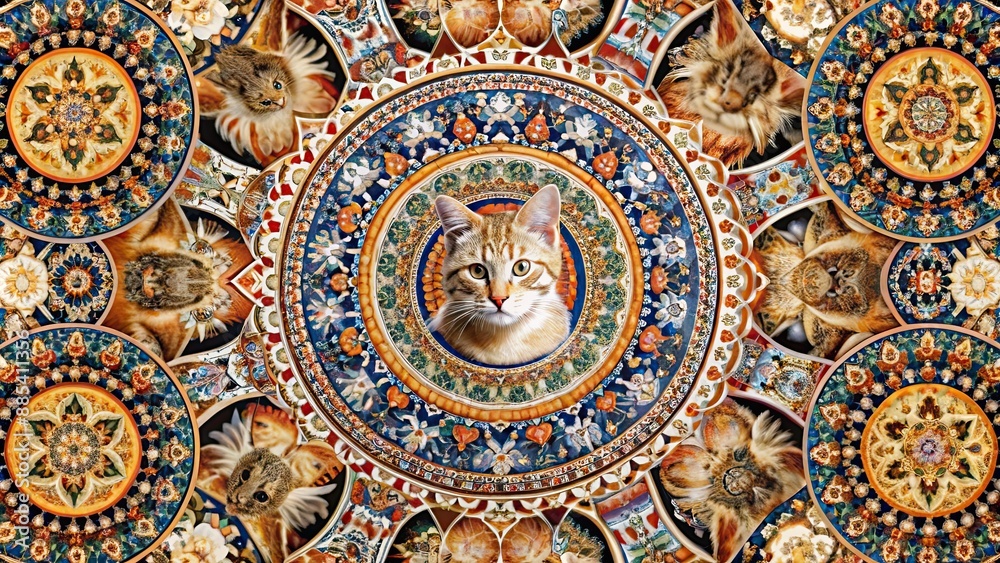 Cats seamless pattern featuring intricate mandala designs, feline, pets, animals, repeat, texture, decorative, ornate Cats seamless pattern featuring intricate mandala designs, feline, pets, animals, repeat, texture, decorative, ornate