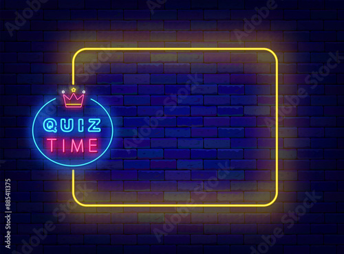 Quiz time neon greeting card. Television show and game. Trivia night banner. Empty yellow frame and typography with crown. Exam and competition. Editable stroke. Copy space. Vector stock illustration