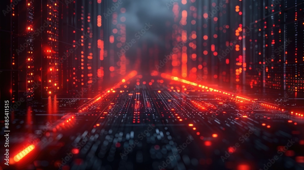 Fototapeta premium Abstract futuristic digital data stream with glowing red lights and dynamic particle trails, representing technology and big data.