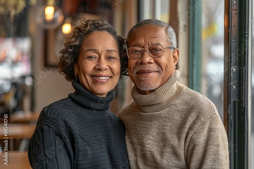 Portrait of a cheerful multicultural couple in their 70s wearing a classic turtleneck sweater while standing against serene coffee shop background © CogniLens
