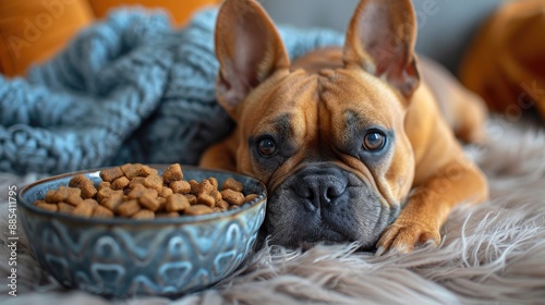 Adorable French bulldog lying on a fluffy rug next to a bowl of kibble, looking content and relaxed.