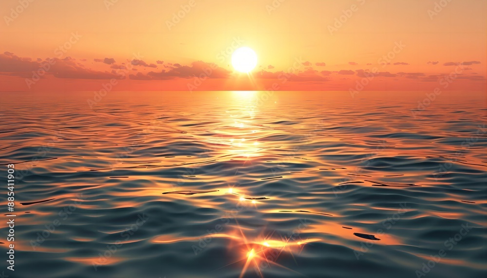 Fototapeta premium Serene Sunset Over Tranquil Sea, Warm Hues Reflecting on Calm Waters, Digital Illustration