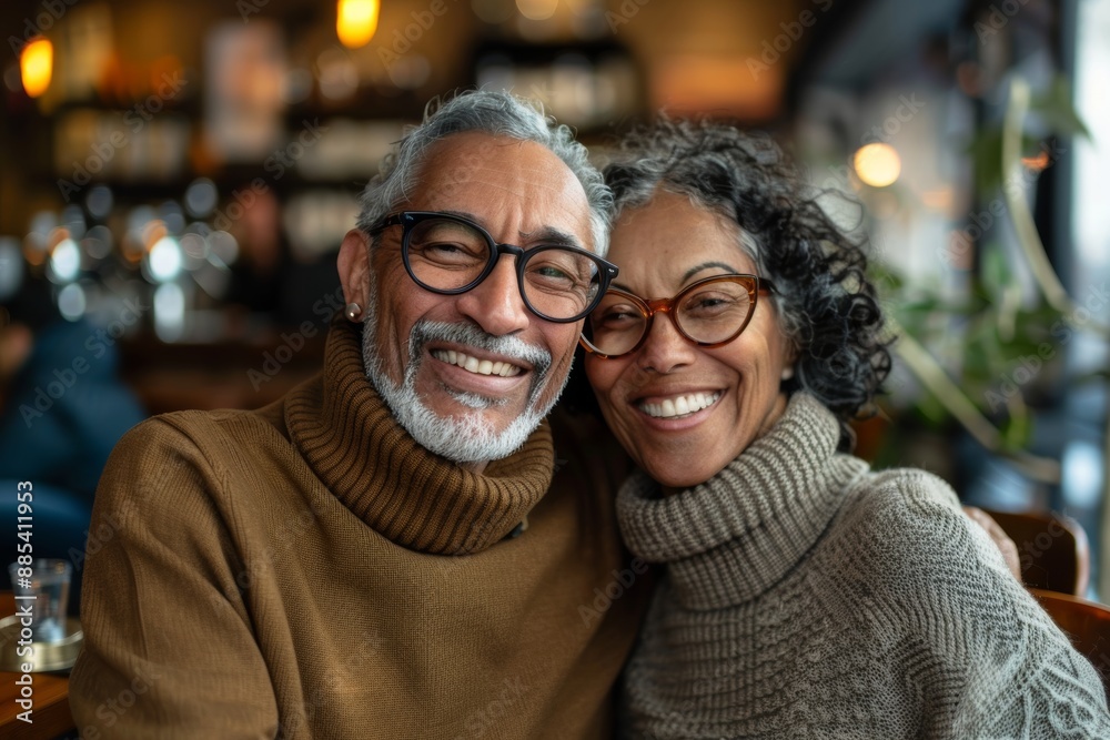 Portrait of a cheerful multicultural couple in their 70s wearing a classic turtleneck sweater on serene coffee shop background Portrait of a cheerful multicultural couple in their 70s wearing a classic turtleneck sweater on serene coffee shop background