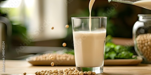 Pouring soy milk into a glass with soybeans in the background A dairy-free delight. Concept Food Photography, Dairy-Free Options, Vegan Lifestyle, Soy Milk Recipe, Plant-Based Diet photo