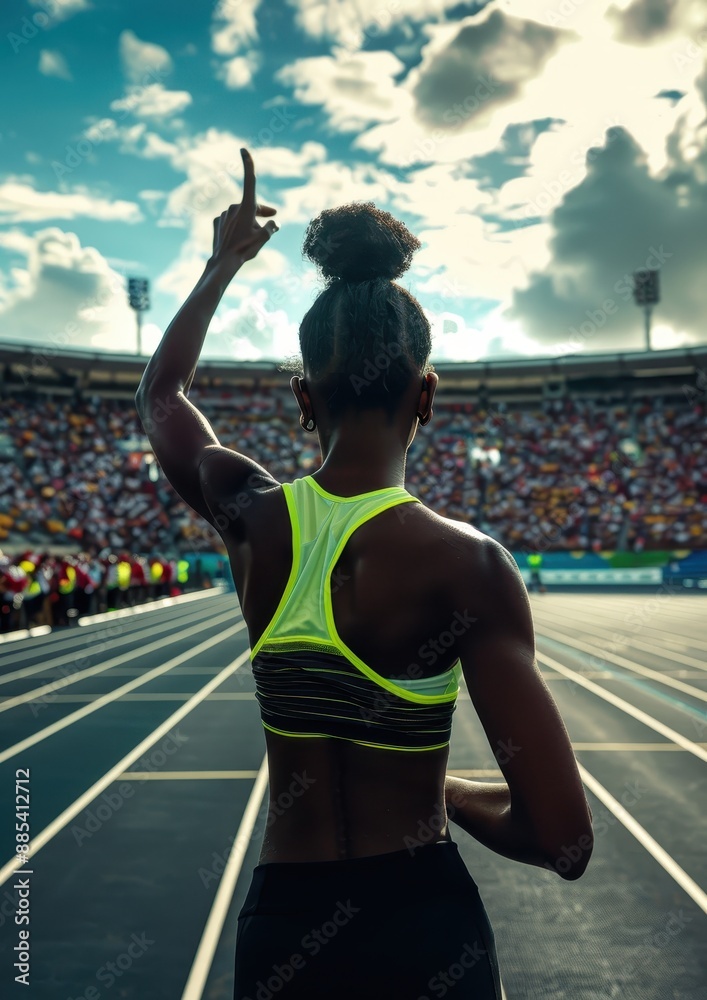 Obraz premium Runner on race track in front of crowd in stadium wearing black and neon green fluorescent running gear with his index finger pointed up to sky.