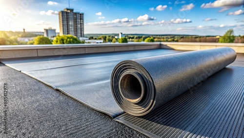 Roll of EPDM material on a modern roof , EPDM, Ethylene Propylene Diene Terpolymer, roofing, modern, construction, building photo