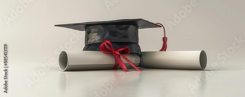 A graduation cap with diploma, academic elements, 3D realistic, celebratory theme, isolated on white background