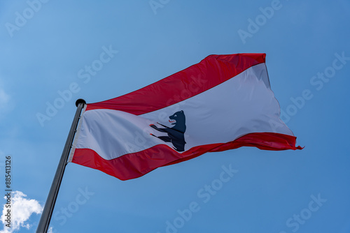Canvas Print A red and white flag with a bear on it is flying in the sky