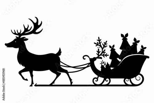 Santa Claus is flying in sleigh with Christmas reindeer. Silhouette of Santa Claus, sleigh with Christmas presents and reindeer
