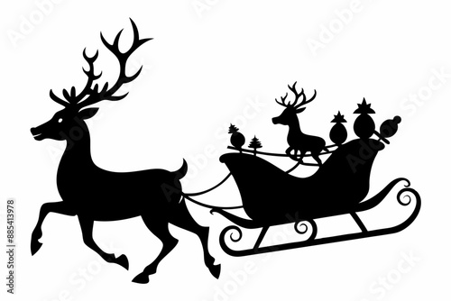 Santa Claus is flying in sleigh with Christmas reindeer. Silhouette of Santa Claus, sleigh with Christmas presents and reindeer