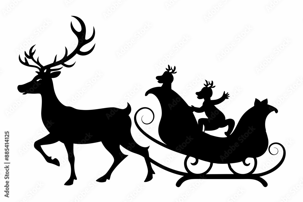 Santa Claus is flying in sleigh with Christmas reindeer. Silhouette of Santa Claus, sleigh with Christmas presents and reindeer Santa Claus is flying in sleigh with Christmas reindeer. Silhouette of Santa Claus, sleigh with Christmas presents and reindeer