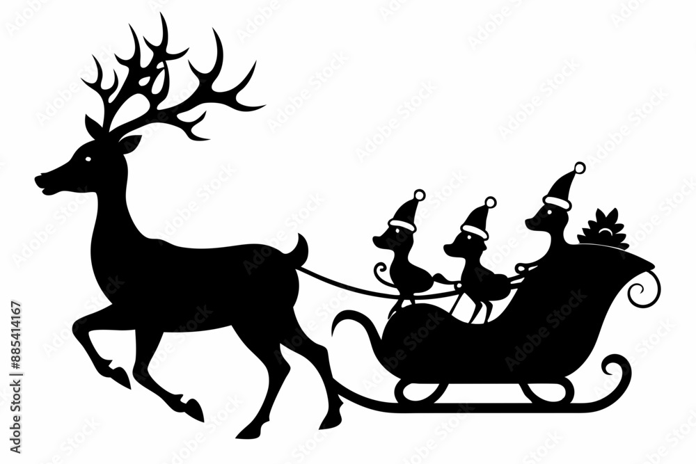 Santa Claus is flying in sleigh with Christmas reindeer. Silhouette of Santa Claus, sleigh with Christmas presents and reindeer Santa Claus is flying in sleigh with Christmas reindeer. Silhouette of Santa Claus, sleigh with Christmas presents and reindeer
