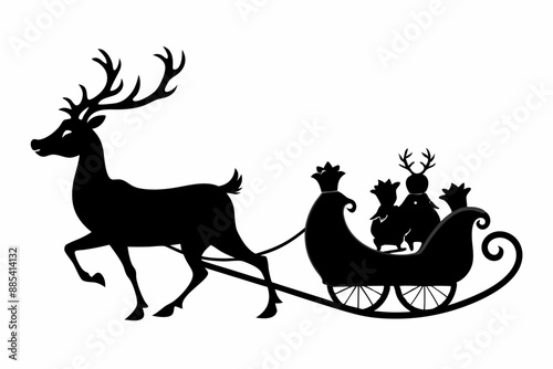 Santa Claus is flying in sleigh with Christmas reindeer. Silhouette of Santa Claus, sleigh with Christmas presents and reindeer