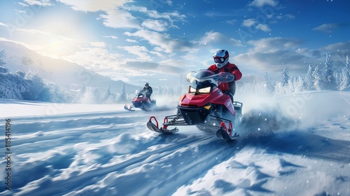 Thrilling Snowmobile Race Winter Adventure in ActionPacked Landscape © laliz
