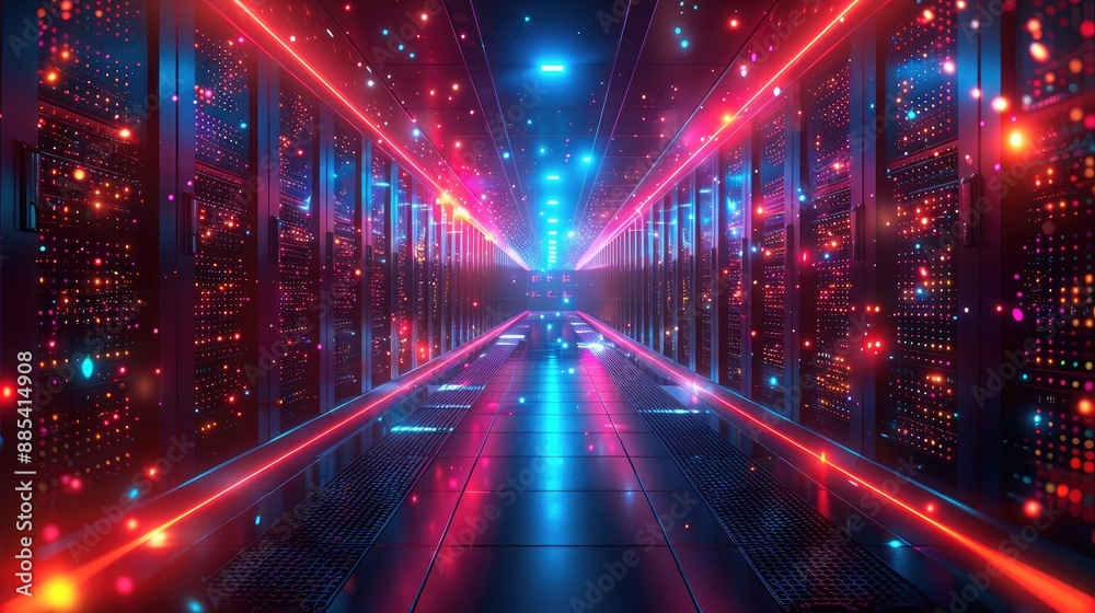 Futuristic data center with vibrant neon lights and rows of servers, illustrating advanced technology and digital infrastructure. Futuristic data center with vibrant neon lights and rows of servers, illustrating advanced technology and digital infrastructure.