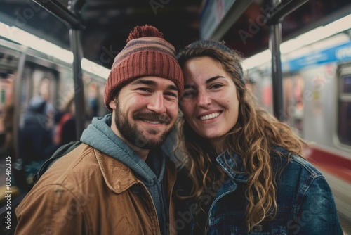 Wallpaper Mural Portrait of a cheerful caucasian couple in their 30s sporting a trendy beanie while standing against bustling city subway background Torontodigital.ca