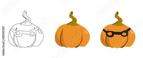 Hand drawn pumpkin (gourd) in three variants (versions): outline, classic vegetable, vegetable in mask (Halloween edition). Isolated on white background (backdrop). Food. Holiday. Vector illustration.