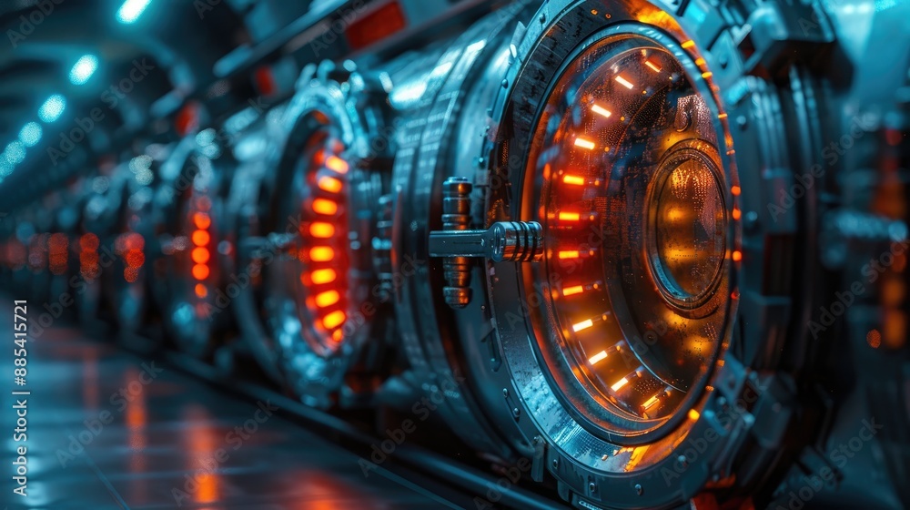 Futuristic machinery with glowing orange lights in a high-tech industrial setting, showcasing advanced technology and engineering. Futuristic machinery with glowing orange lights in a high-tech industrial setting, showcasing advanced technology and engineering.