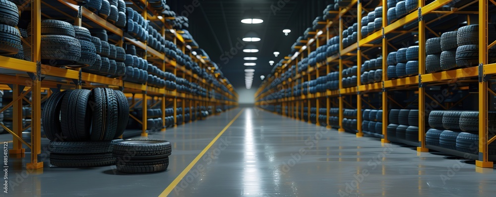 a large wheel warehouse neatly arranged in yellow shelves a large wheel warehouse neatly arranged in yellow shelves