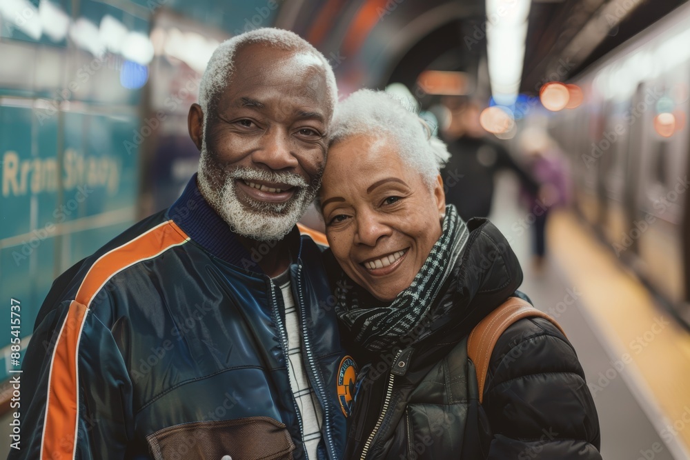 Portrait of a tender multiethnic couple in their 60s sporting a stylish varsity jacket isolated on bustling city subway background Portrait of a tender multiethnic couple in their 60s sporting a stylish varsity jacket isolated on bustling city subway background