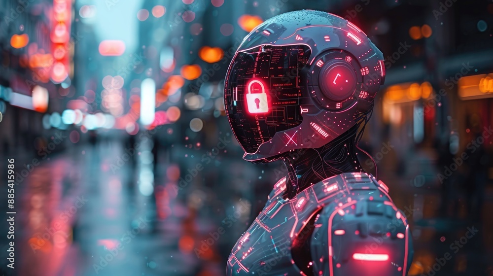 Futuristic robotic figure in neon-lit cityscape symbolizing cybersecurity and digital protection with a captivating night city background. Futuristic robotic figure in neon-lit cityscape symbolizing cybersecurity and digital protection with a captivating night city background.