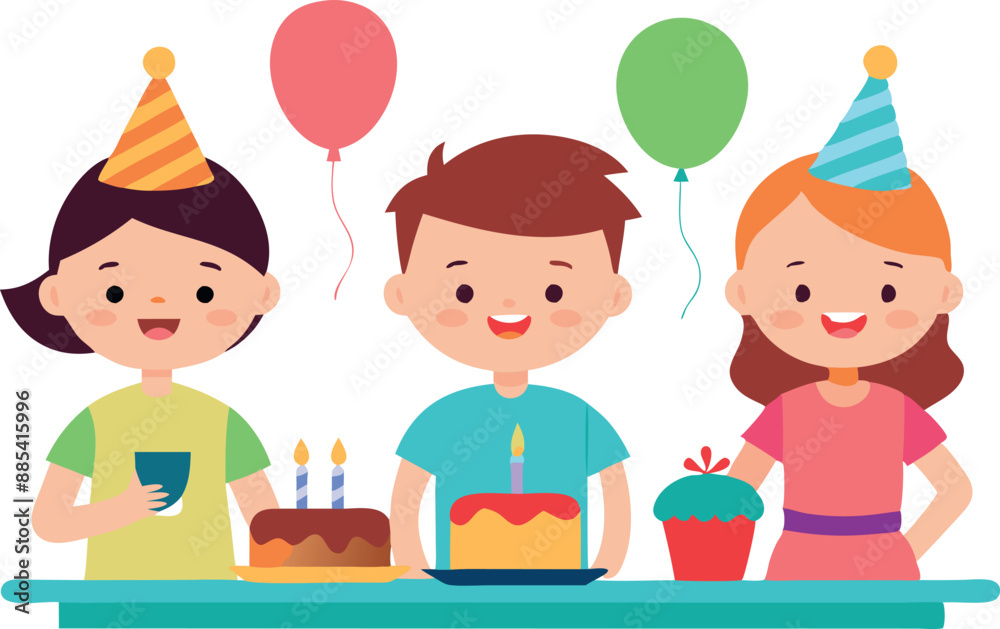 Children celebrating birthday with cakes and balloons while wearing party hats and smiling cheerfully at the camera Children celebrating birthday with cakes and balloons while wearing party hats and smiling cheerfully at the camera
