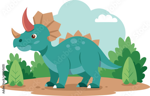 Adorable cartoon triceratops illustration in a lush jungle setting with greenery.