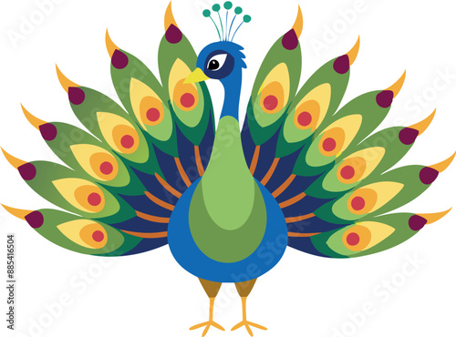 Vector illustration of a peacock with colorful and detailed feathers. Depicts the beauty and elegance of nature.