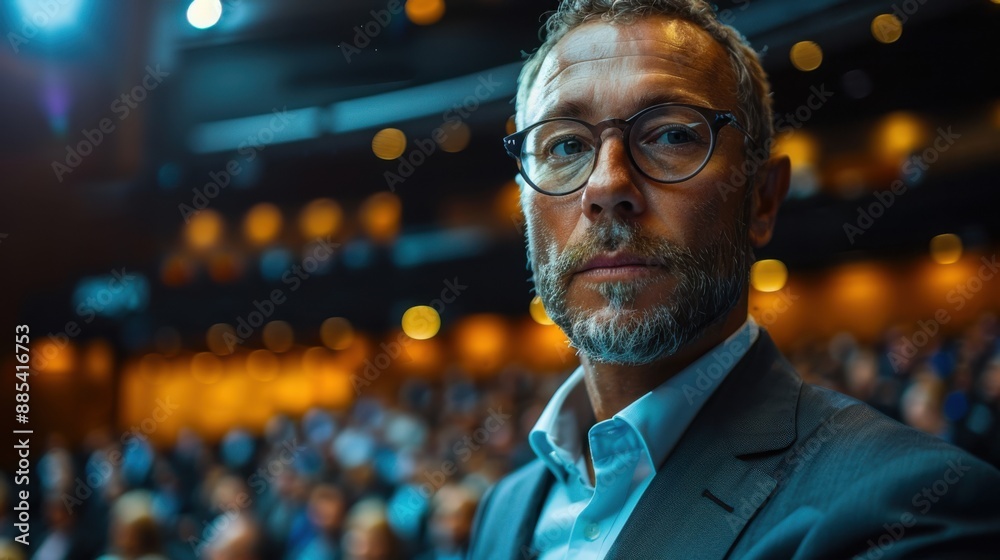 Obraz premium Dynamic Business Presentation in Modern Auditorium with Detailed Expressions and Body Language, 8K Resolution