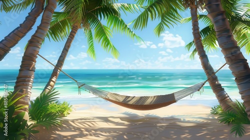 Paradise Found Serenity in an Empty Hammock Between Palm Trees on a Tropical Beach Relaxation Vacation Escape